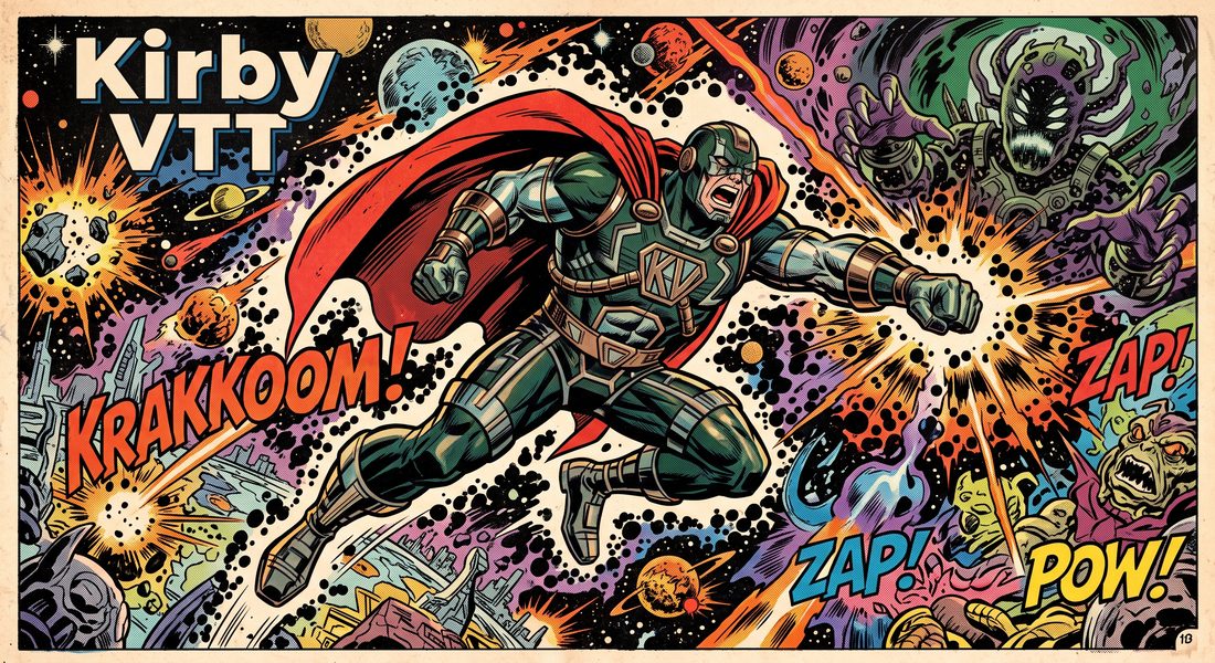 A comic panel in the Kirby style: a caped, armoured figure
                 lettered KV bursting forward through exploding stars and
                 crackling energy, with KRAKKOOM, ZAP and POW across the
                 frame, titled Kirby VTT.